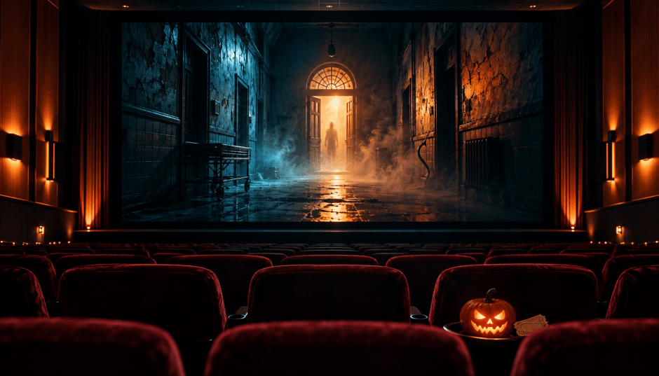 Salle de cinéma plongée dans une ambiance d'Halloween, avec un film d'horreur à l'écran
